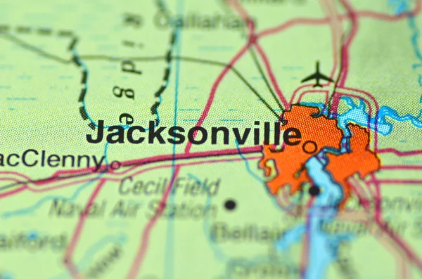 A closeup of Jacksonville, Florida in the USA on a map