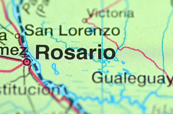 A closeup of Rosario in Argentina, south America, on a map