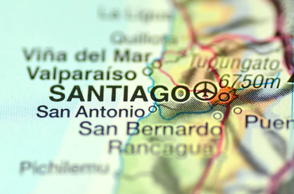 A closeup of Santiago in Chile, south America, on a map