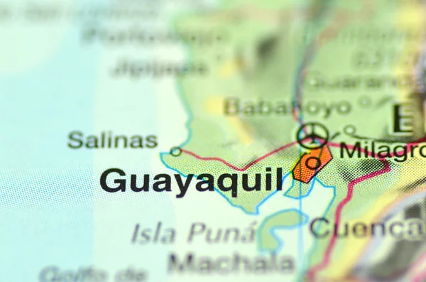 A closeup of Guayaquil in Ecuador, south America on a map