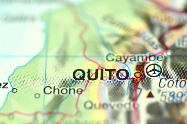 A closeup of Quito in Ecuador, south America on a map