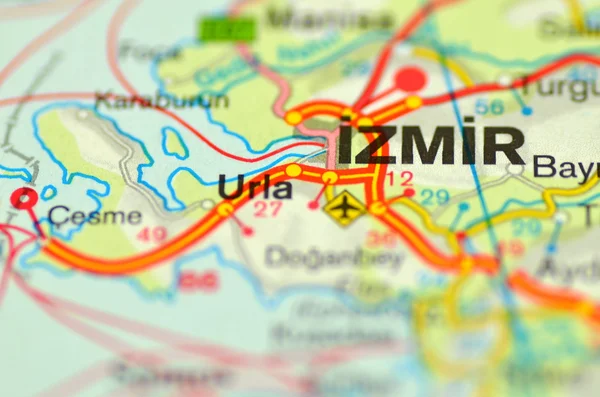 A closeup of Izmir in Turkey on a map