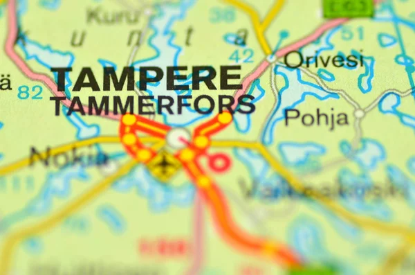 A closeup of Tampere in Finland on a map