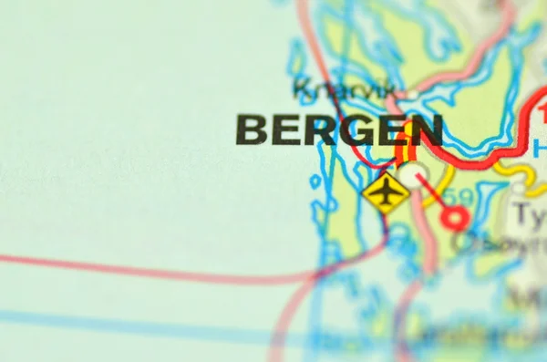 A closeup of Bergen in Norway on a map
