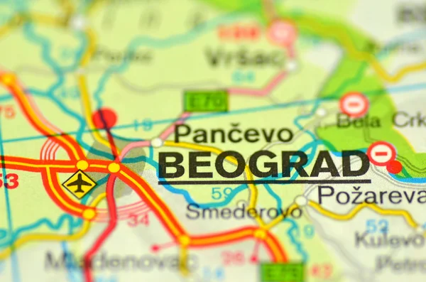 A closeup of Belgrade in Serbia on a map