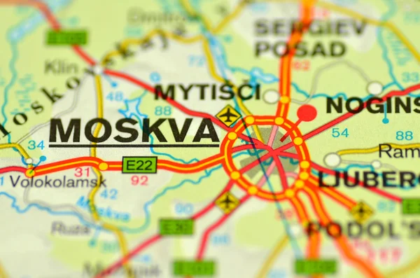 A closeup of Moscow in Russia on a map