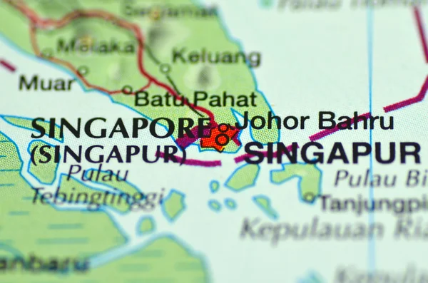 A closeup of Singapore in Asia on a map