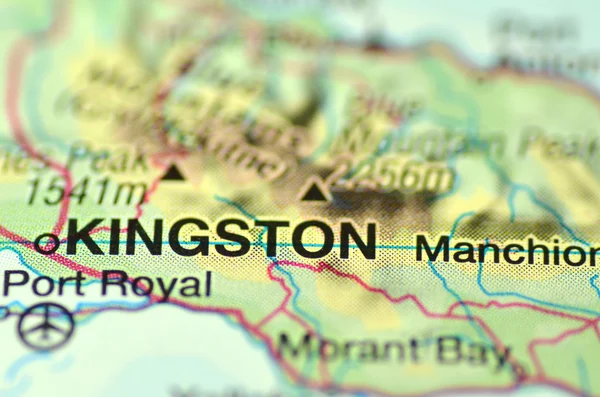 A closeup of Kingston on Jamaica on a map