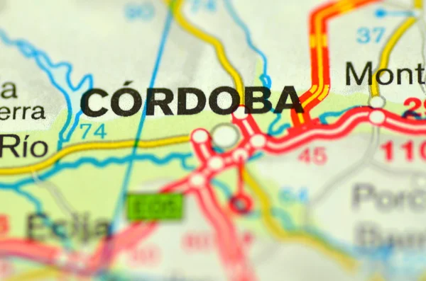 A closeup of Cordoba in Spain on a map