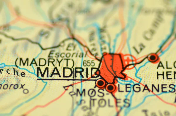 A closeup of Madrid in Spain on a map