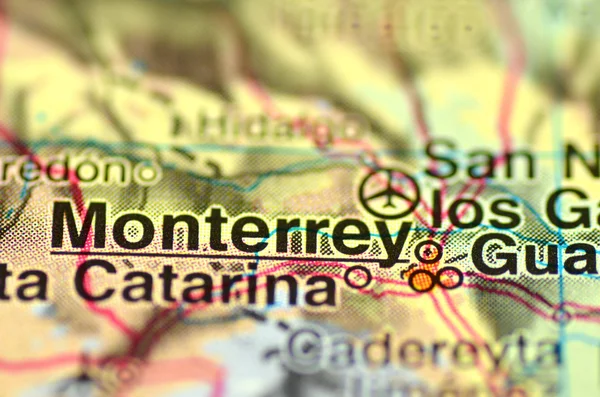 A closeup of Monterrey in Mexico on a map