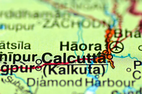 A closeup of Calcutta, West Bengal in India on a map