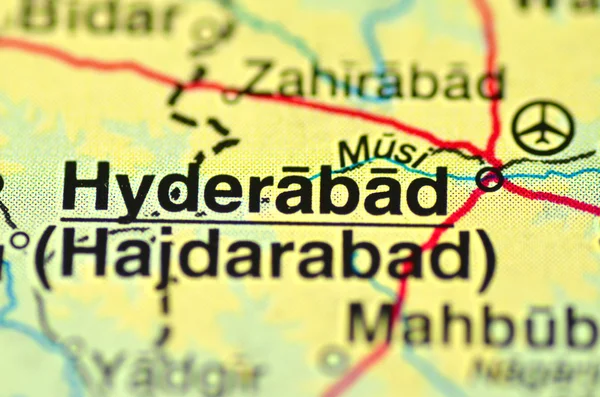 A closeup of Hyderabad, Andhra Pradesh in India on a map