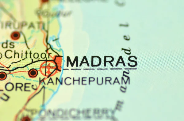 A closeup of Madras, Tamil Nadu in India on a map