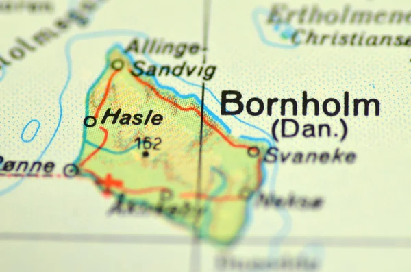 A closeup of Bornholm island on Baltic sea on a map