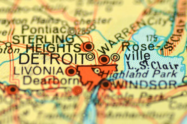 A closeup of Detroit, Michigan in the USA on a map