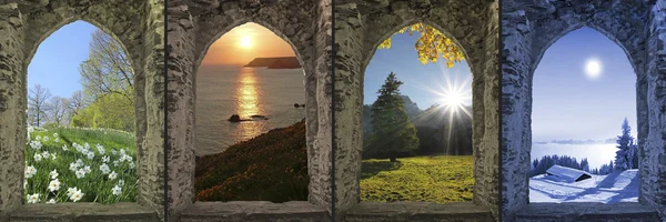Collage four seasons - view through arched castle window