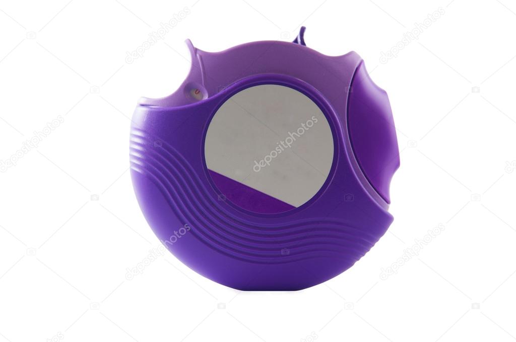 Purple powder asthma inhaler on white background — Stock Photo
