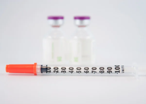 Dispoable syringe and Purple cap of medicine injection vial