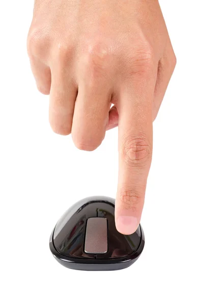 Finger points to left button of touch computer mouse isolated