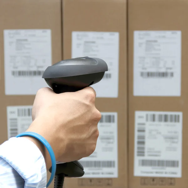 Scanning the label on the boxes with barcode scanner