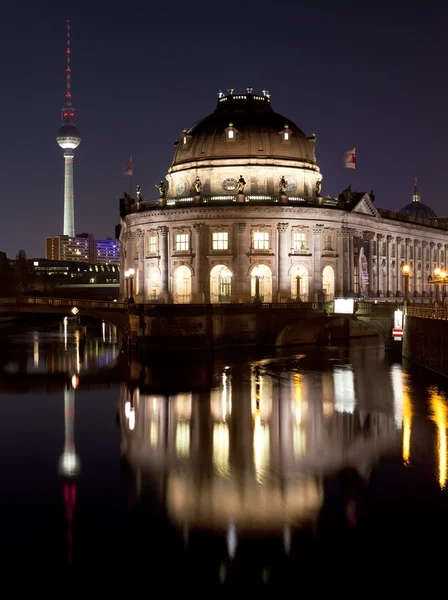 Bode Museum on Museum Island with TV Tower in background, night shot, Berlin
