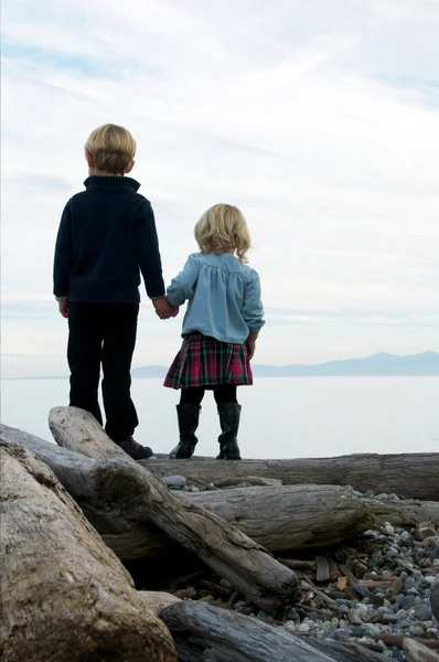 Young brother and sister holding hands looking out at sea