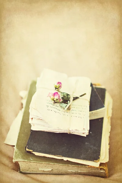 Old books and letters with dried rose. Aged photo