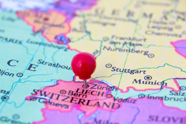 Red Pushpin on Map of Switzerland