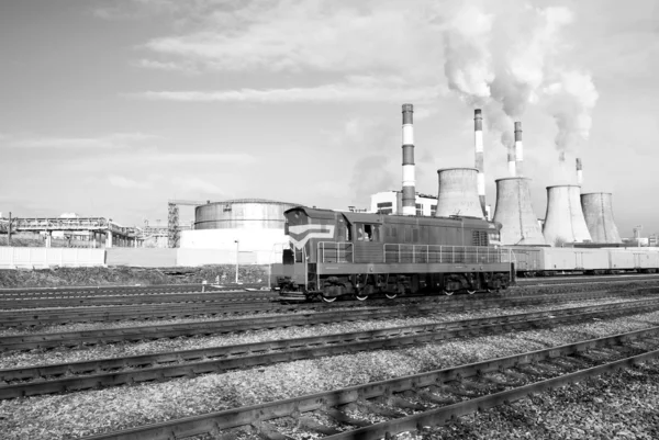 Railway in industrial area. Black and white photography