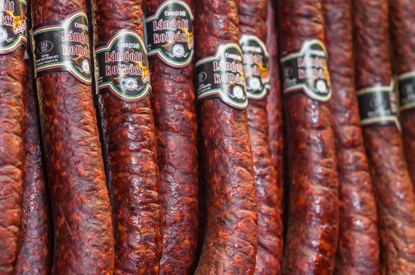 Hungarian Salami on display at the Great market hall, Budapest,