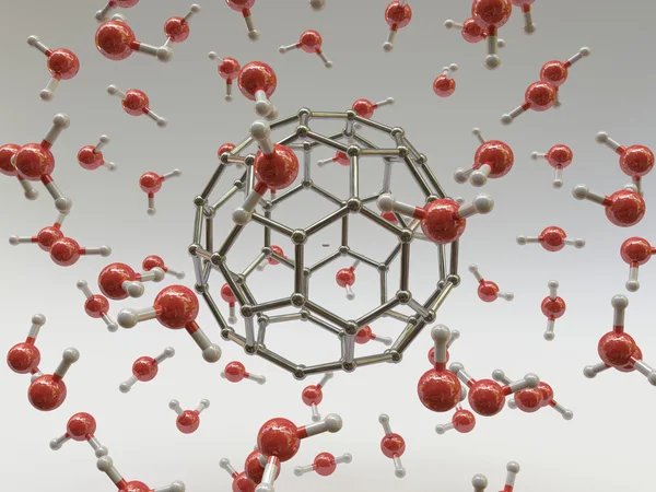 Fullerene molecule with surrounding water molecules