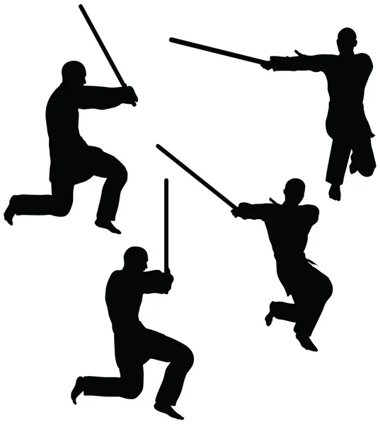 Karate martial art silhouettes of men and women in sword fight karate poses