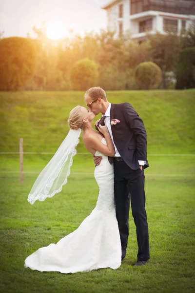 Bride and groom together on nature