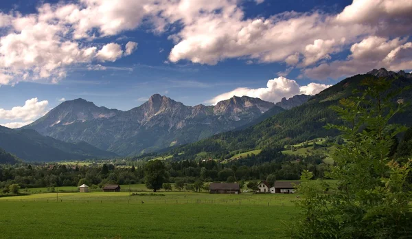 Austrian Alps, mountain landscape, green meadow, farm