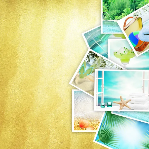 Vacation concept collage, sunny colorful abstract background with many travel and tourism images.