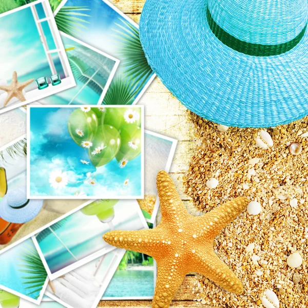Vacation concept collage, sunny colorful abstract background with many travel and tourism images.