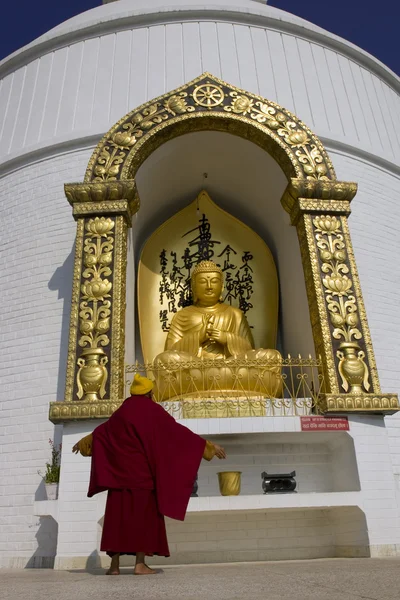 Monk prays near the world peace pagoda, nepal, pokhara