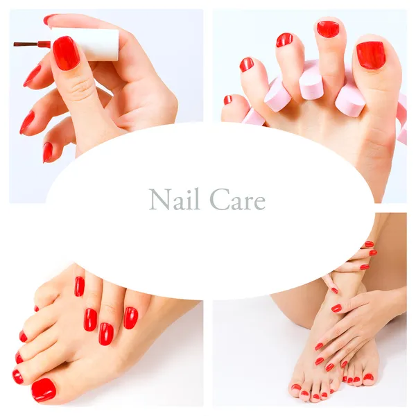 Collage of several photos for beauty industry (red manicure and