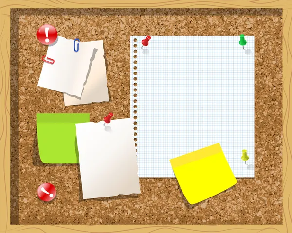 Corkboard with paper notes, memo stickers. Vector