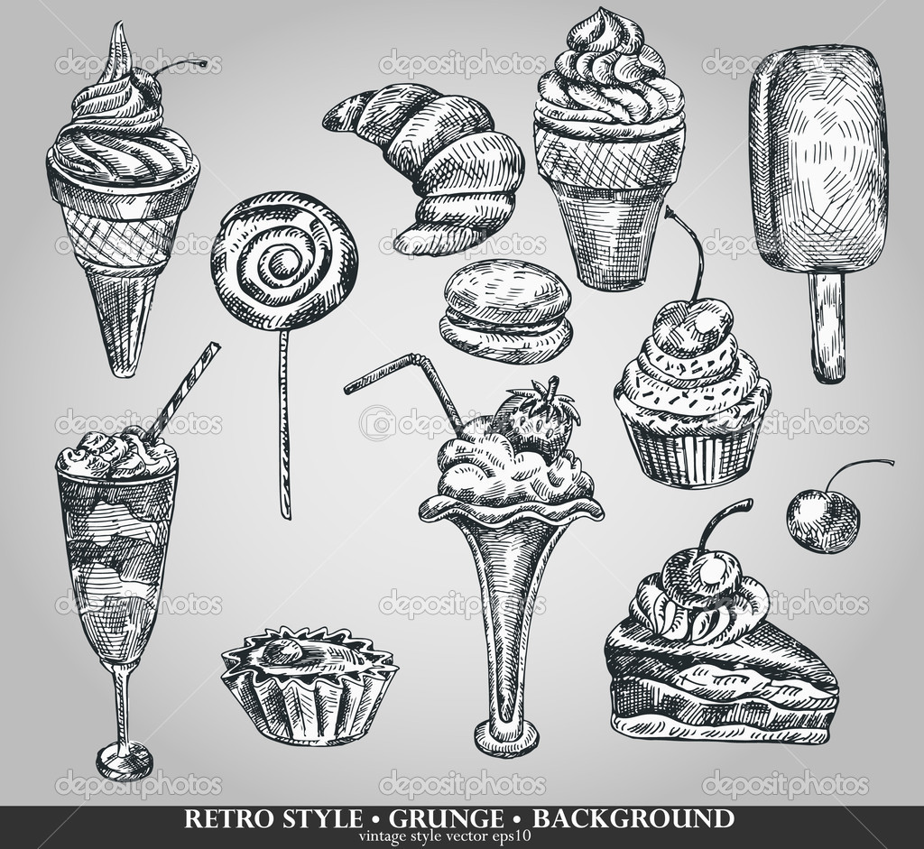 Ice cream and cake set. Hand drawing sketch vector illustration. Retro