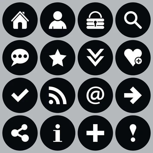 16 popular white icon with basic sign. Simple circle shape internet button on gray background.