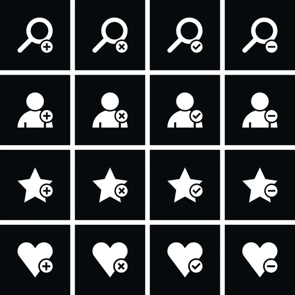 Loupe, user profile, star favorite, heart bookmark icon with plus, delete, check mark and minus sign. Black square internet button on black background.