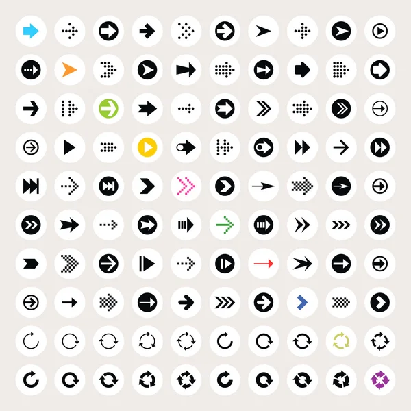 Arrow sign icon set. Black pictogram on white circle shapes