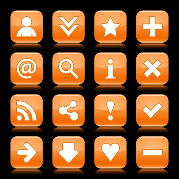 Glossy orange button with basic sign. Rounded square shape internet web icon with color reflection on black background. This vector illustration saved 8 eps