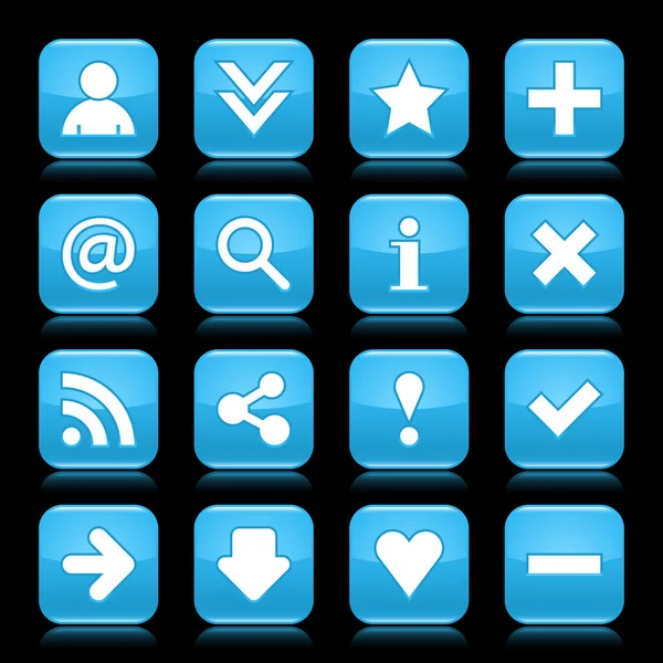 16 glass blue icon with black basic sign. Rounded square shape web button with color reflection on dark black background. Vector illustration design elements saved in 8 eps