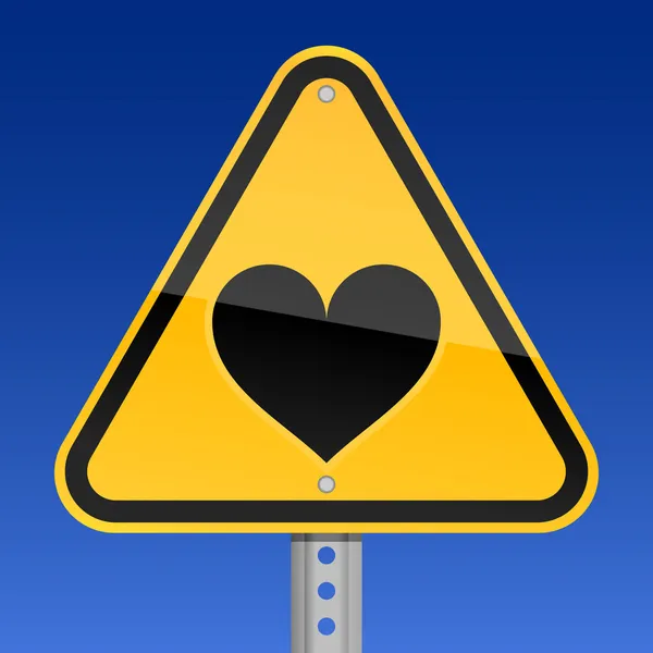 Yellow road hazard warning sign with heart symbol on a black background