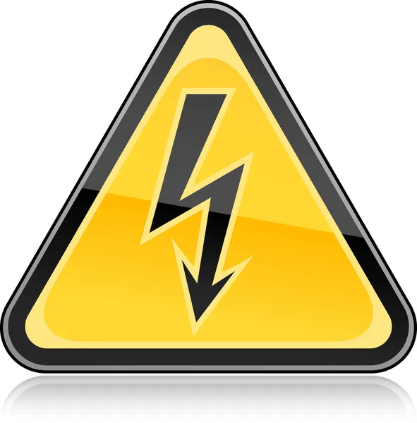 Yellow hazard warning sign with high voltage symbol on white background