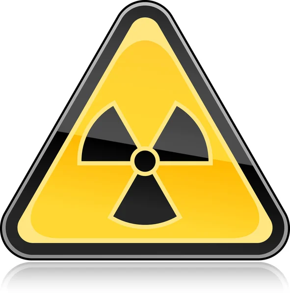 Yellow hazard warning sign with radiation symbol on white background
