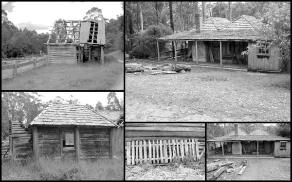 Black and white montage of run down early pioneer settlers homestead